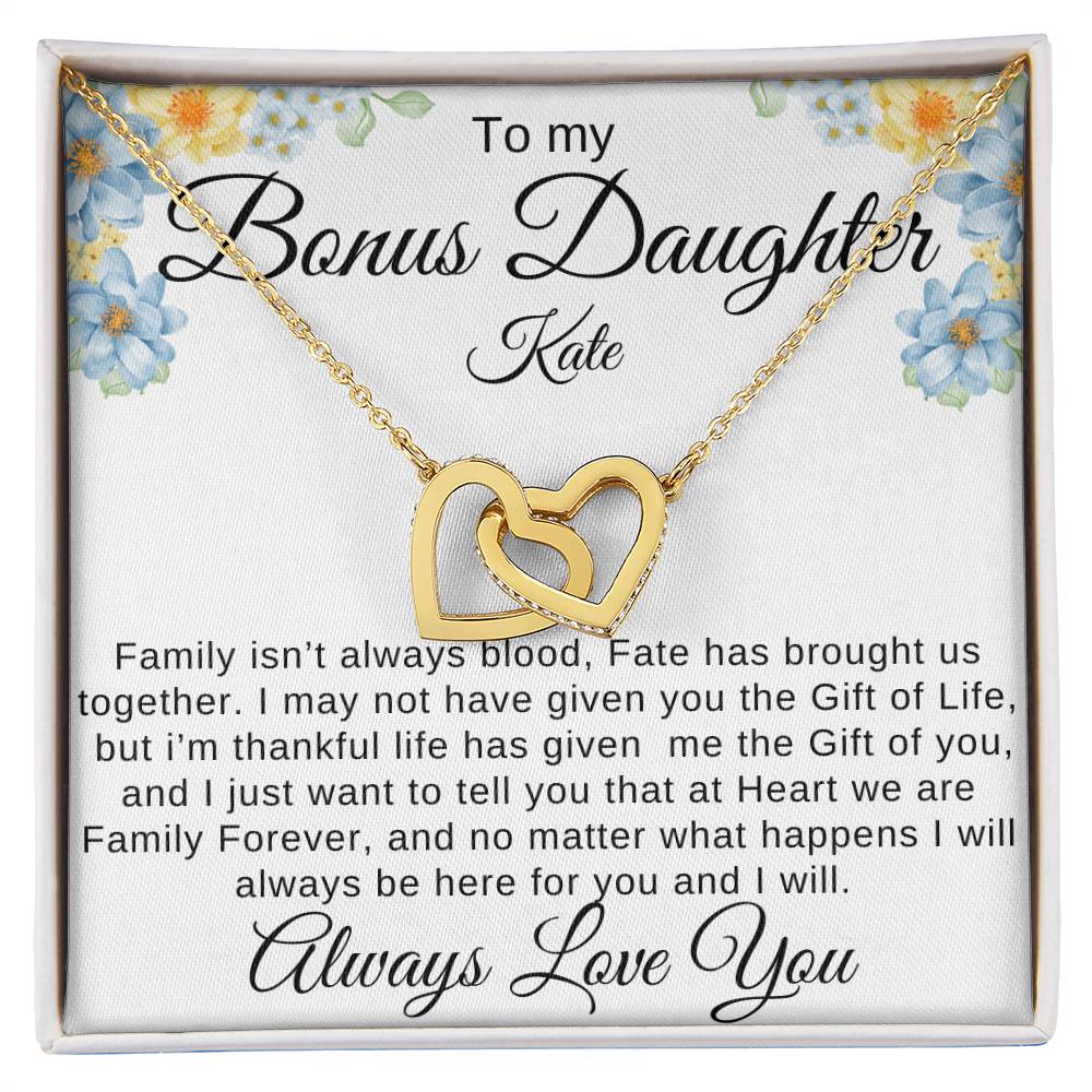 To My Bonus Daughter Family isn't Blood Personalized gift Card with interlocking Heart Necklace