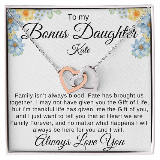 To My Bonus Daughter Family isn't Blood Personalized gift Card with interlocking Heart Necklace