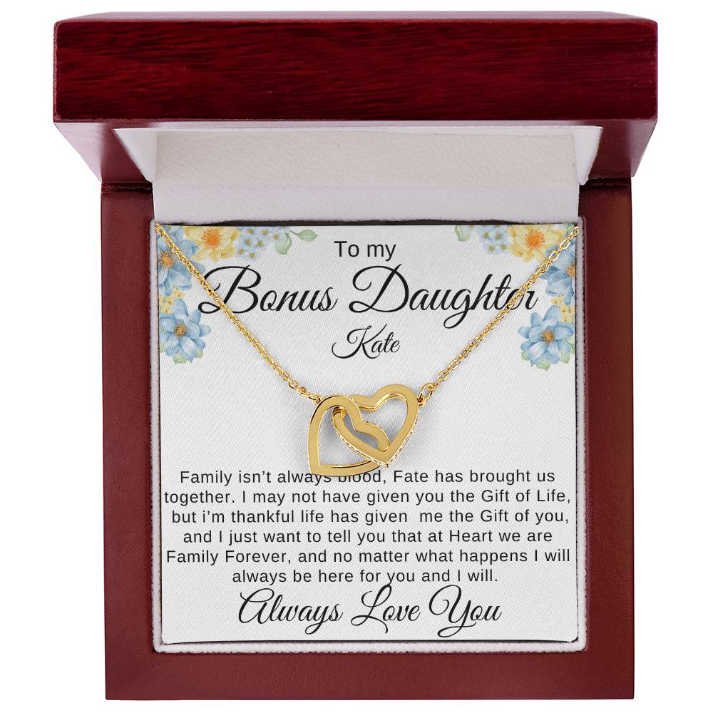 To My Bonus Daughter Family isn't Blood Personalized gift Card with interlocking Heart Necklace