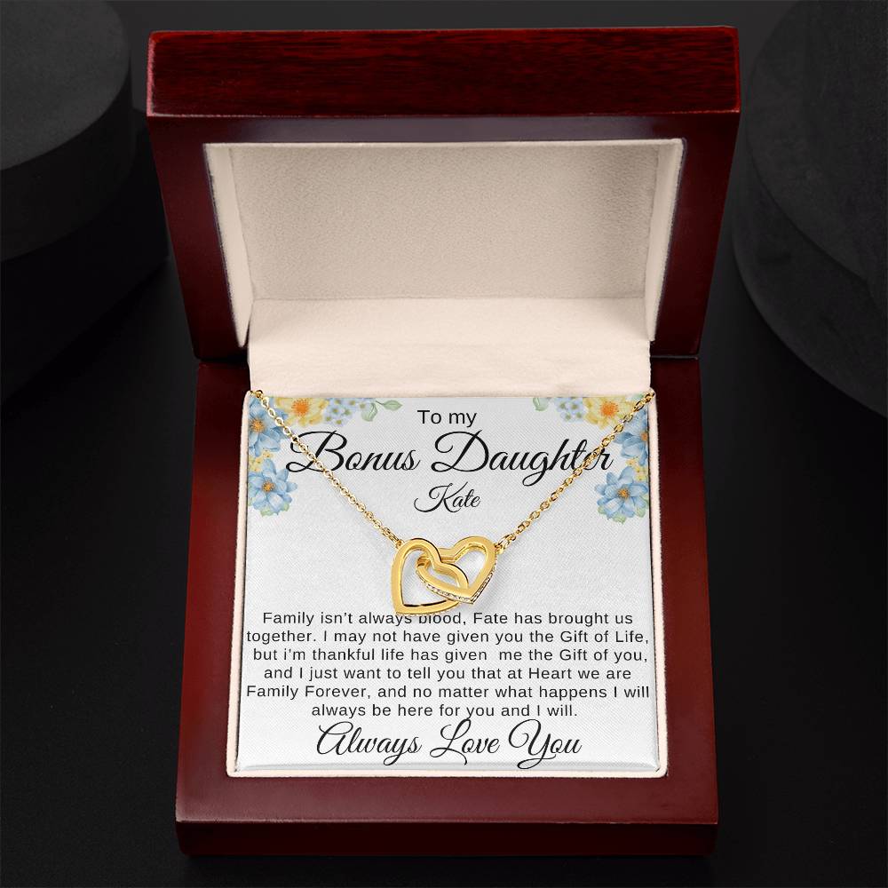 To My Bonus Daughter Family isn't Blood Personalized gift Card with interlocking Heart Necklace