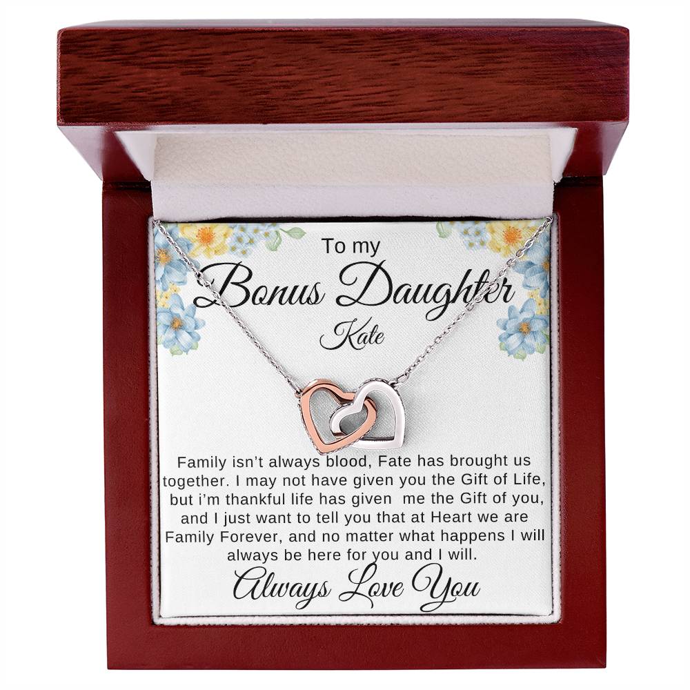 To My Bonus Daughter Family isn't Blood Personalized gift Card with interlocking Heart Necklace