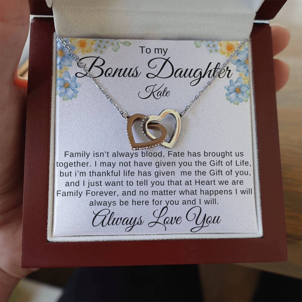 To My Bonus Daughter Family isn't Blood Personalized gift Card with interlocking Heart Necklace