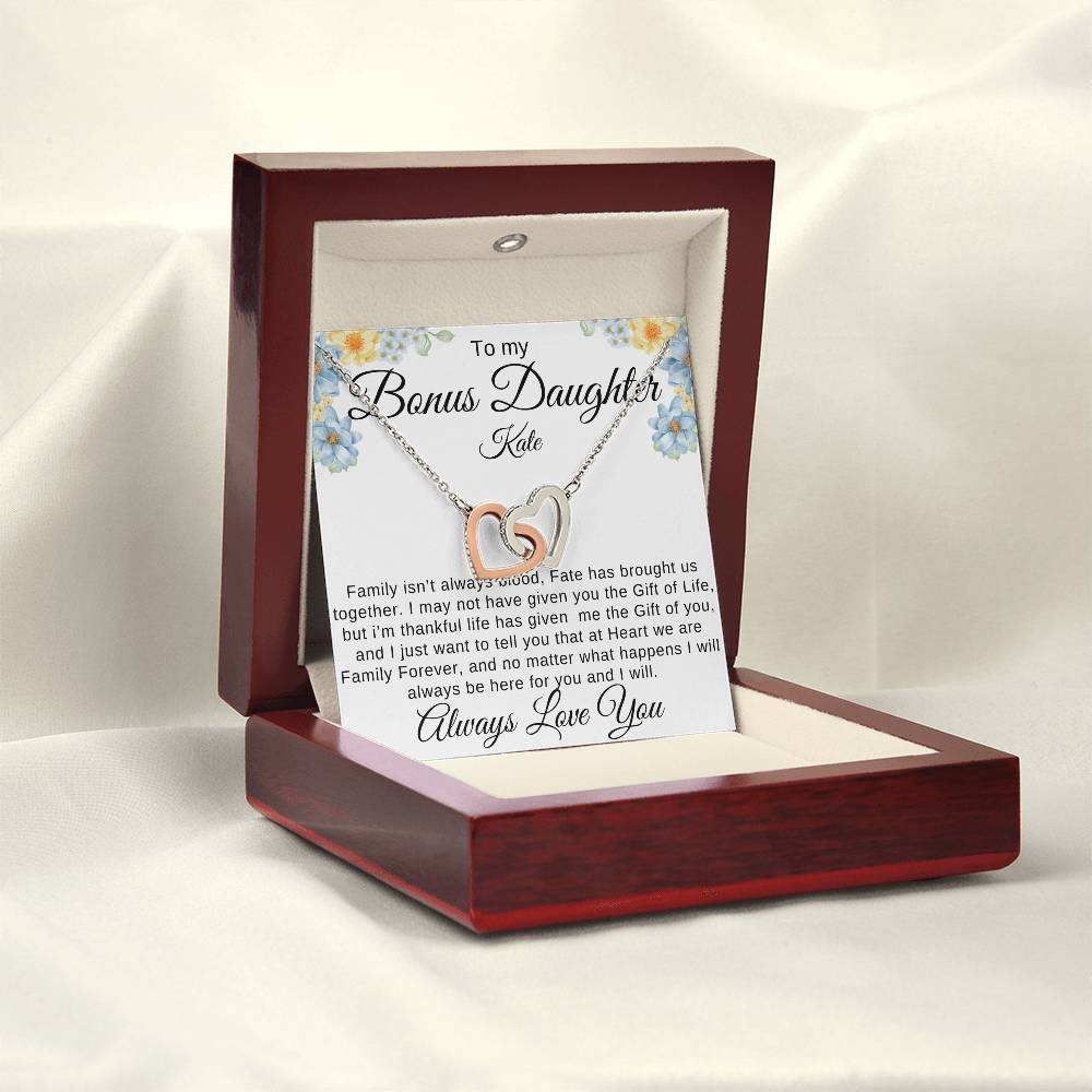 To My Bonus Daughter Family isn't Blood Personalized gift Card with interlocking Heart Necklace