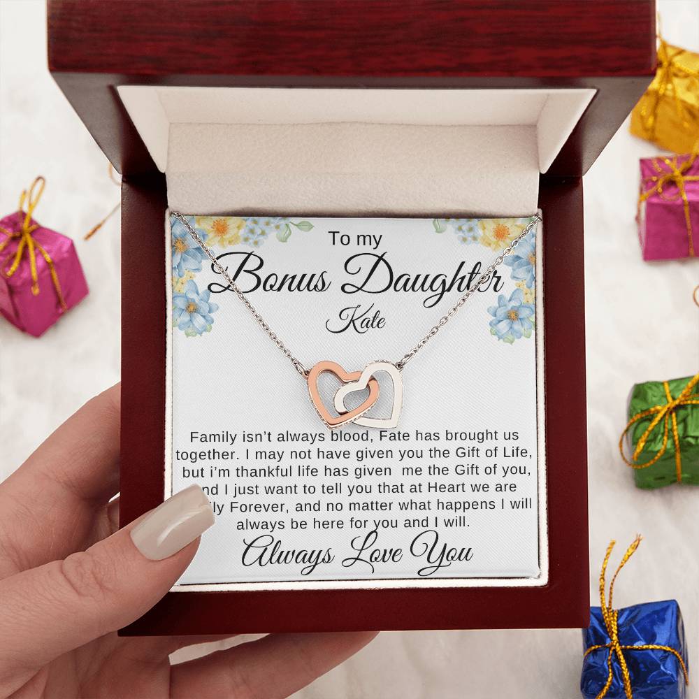 To My Bonus Daughter Family isn't Blood Personalized gift Card with interlocking Heart Necklace