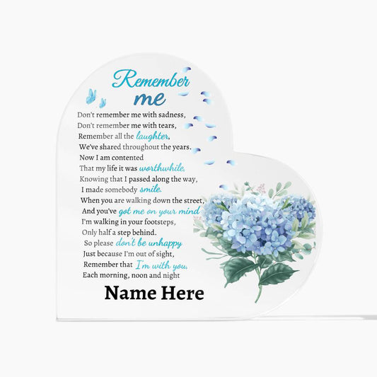 Personalized Memorial Heart Keepsake- Remember Me Custom Memorial Gift- Personalized Acrylic